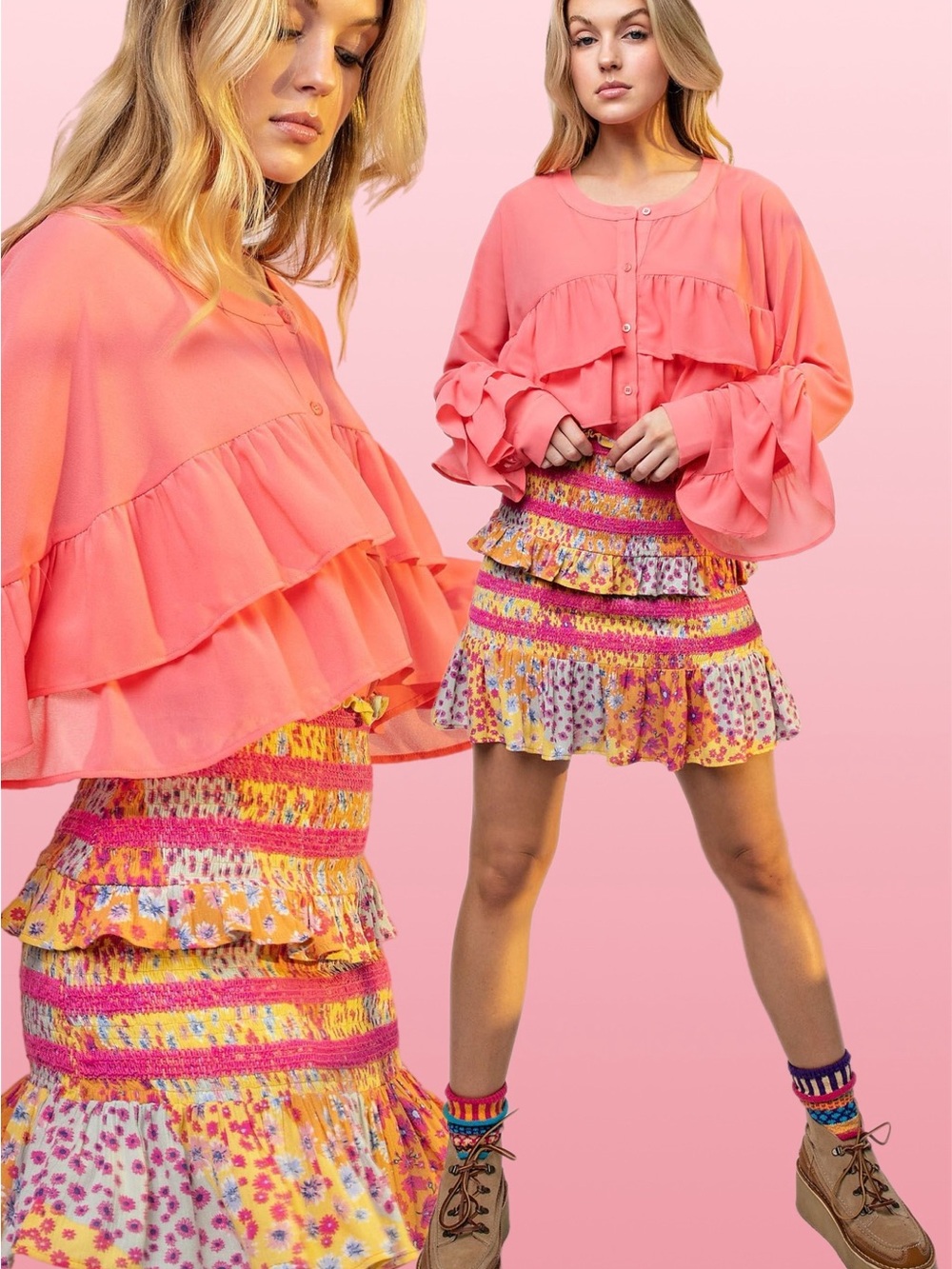 Easel | Zinnia Patchwork Tiered Mini Skirt Colorful Floral Whimsy Boho New Small